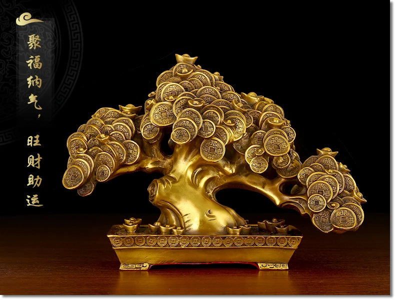 Good LUCK HOME lobby Shop Company FENG SHUI Money Drawing Talisman Good luck Money tree Pachira macrocarpa brass statue