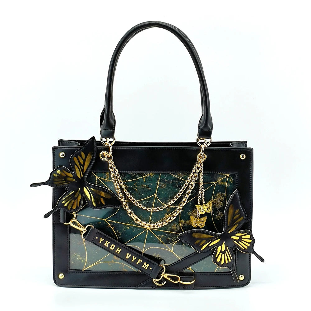 Gothic Lolita Shoulder Bags Briefcases Women Labyrinth Butterfly Chains Transparent Window Halloween HandBags Itabags Tote