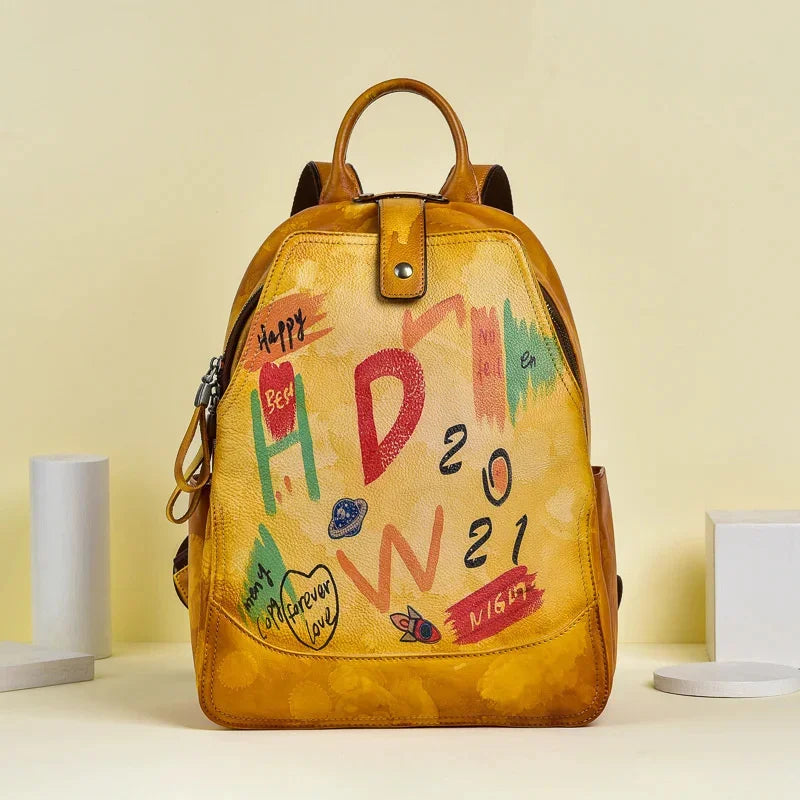 Graffiti Genuine Leather Women Backpack Retro Large Capacity Daypack Female Travel All-Match Student School Bag