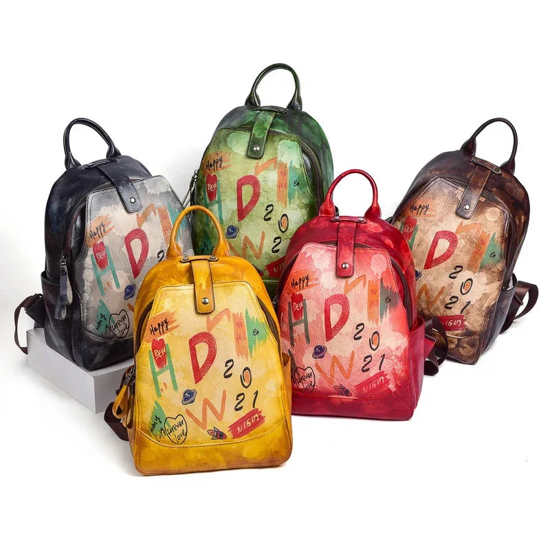 Graffiti Genuine Leather Women Backpack Retro Large Capacity Daypack Female Travel All-Match Student School Bag