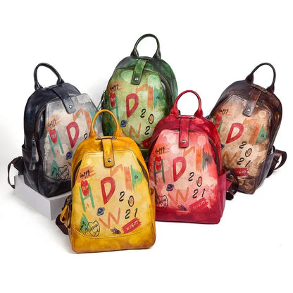 Graffiti Genuine Leather Women Backpack Retro Large Capacity Daypack Female Travel All-Match Student School Bag