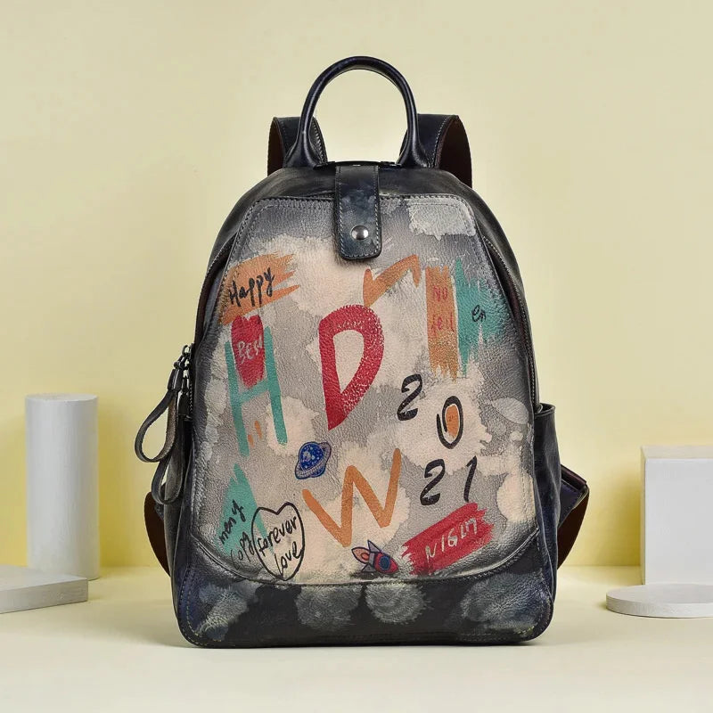 Graffiti Genuine Leather Women Backpack Retro Large Capacity Daypack Female Travel All-Match Student School Bag