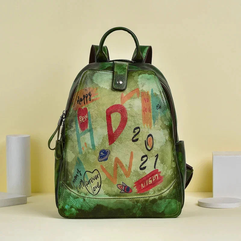 Graffiti Genuine Leather Women Backpack Retro Large Capacity Daypack Female Travel All-Match Student School Bag