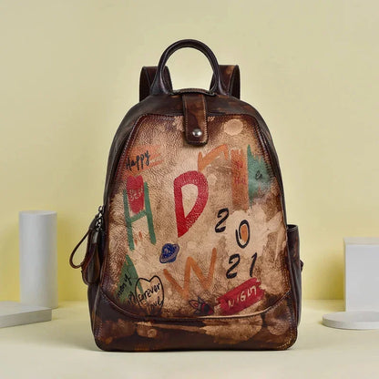 Graffiti Genuine Leather Women Backpack Retro Large Capacity Daypack Female Travel All-Match Student School Bag