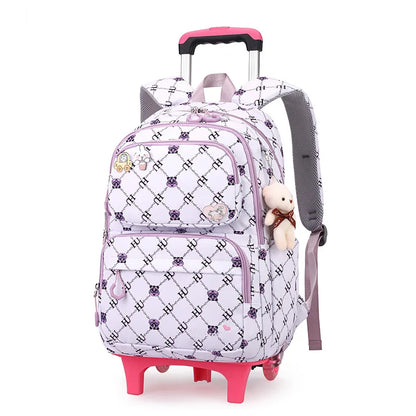 Graffiti Trolley Schoolbag With Bear Pendant Kids School Backpacks With 2/6 Wheels Children Orthopaedics School Bags For Girls