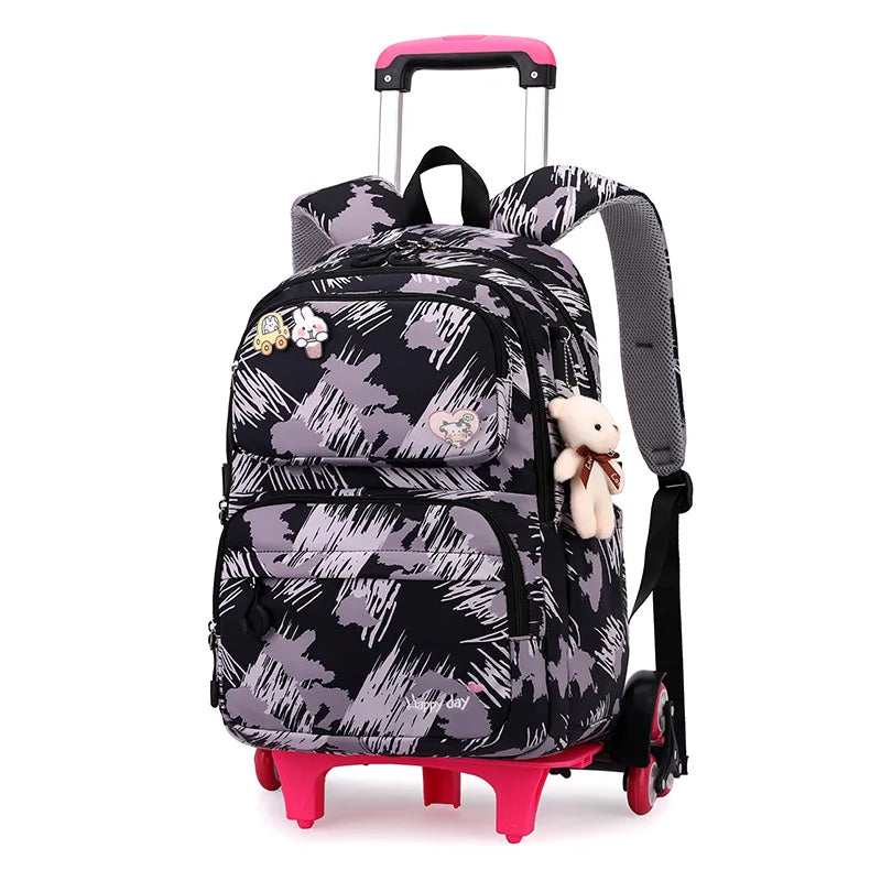 Graffiti Trolley Schoolbag With Bear Pendant Kids School Backpacks With 2/6 Wheels Children Orthopaedics School Bags For Girls