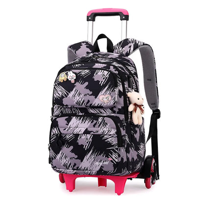 Graffiti Trolley Schoolbag With Bear Pendant Kids School Backpacks With 2/6 Wheels Children Orthopaedics School Bags For Girls