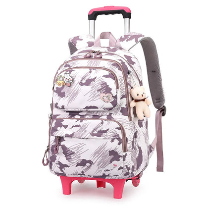 Graffiti Trolley Schoolbag With Bear Pendant Kids School Backpacks With 2/6 Wheels Children Orthopaedics School Bags For Girls