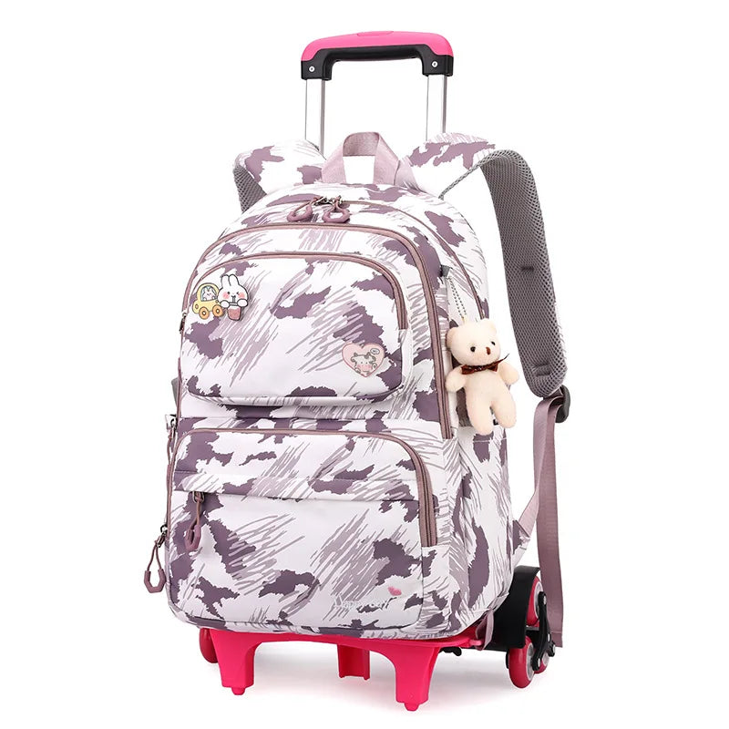 Graffiti Trolley Schoolbag With Bear Pendant Kids School Backpacks With 2/6 Wheels Children Orthopaedics School Bags For Girls