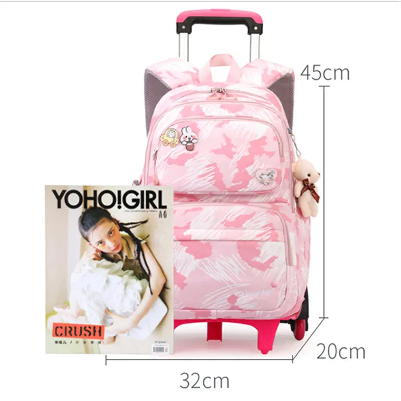 Graffiti Trolley Schoolbag With Bear Pendant Kids School Backpacks With 2/6 Wheels Children Orthopaedics School Bags For Girls