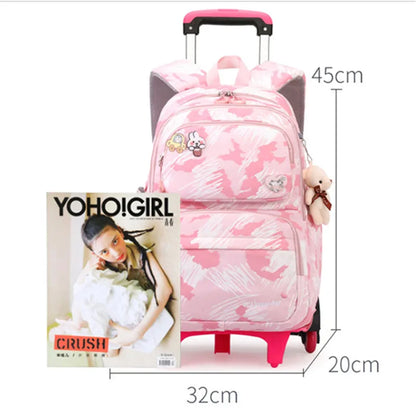 Graffiti Trolley Schoolbag With Bear Pendant Kids School Backpacks With 2/6 Wheels Children Orthopaedics School Bags For Girls