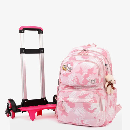 Graffiti Trolley Schoolbag With Bear Pendant Kids School Backpacks With 2/6 Wheels Children Orthopaedics School Bags For Girls