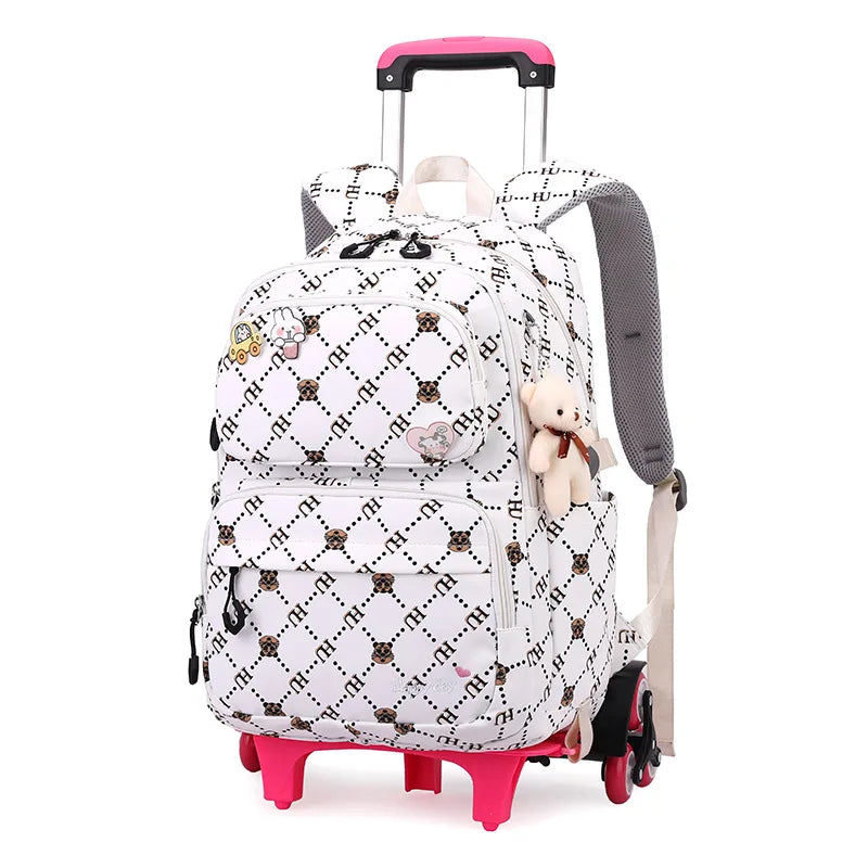 Graffiti Trolley Schoolbag With Bear Pendant Kids School Backpacks With 2/6 Wheels Children Orthopaedics School Bags For Girls