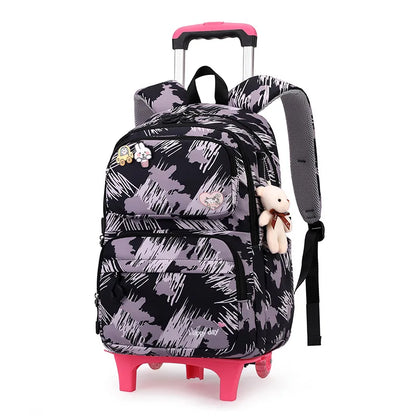 Graffiti Trolley Schoolbag With Bear Pendant Kids School Backpacks With 2/6 Wheels Children Orthopaedics School Bags For Girls