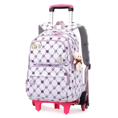 Graffiti Trolley Schoolbag With Bear Pendant Kids School Backpacks With 2/6 Wheels Children Orthopaedics School Bags For Girls