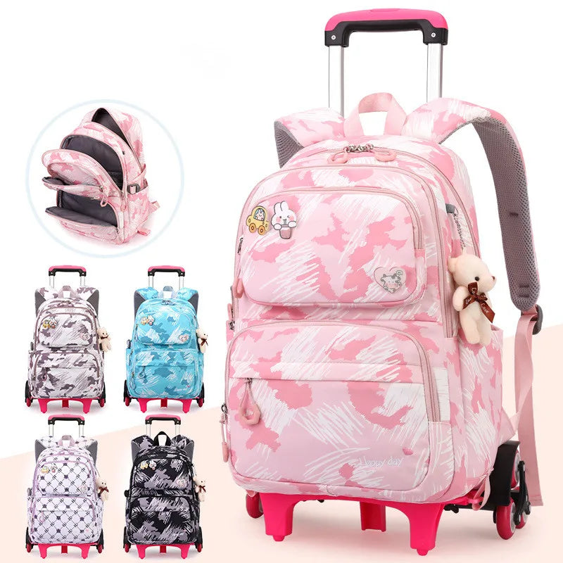 Graffiti Trolley Schoolbag With Bear Pendant Kids School Backpacks With 2/6 Wheels Children Orthopaedics School Bags For Girls