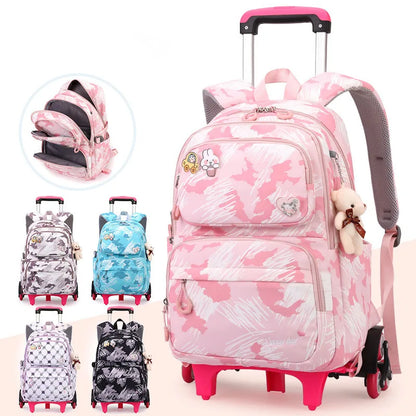 Graffiti Trolley Schoolbag With Bear Pendant Kids School Backpacks With 2/6 Wheels Children Orthopaedics School Bags For Girls
