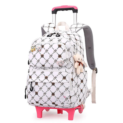 Graffiti Trolley Schoolbag With Bear Pendant Kids School Backpacks With 2/6 Wheels Children Orthopaedics School Bags For Girls
