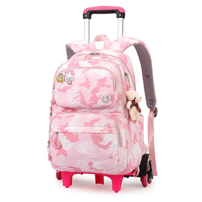Graffiti Trolley Schoolbag With Bear Pendant Kids School Backpacks With 2/6 Wheels Children Orthopaedics School Bags For Girls