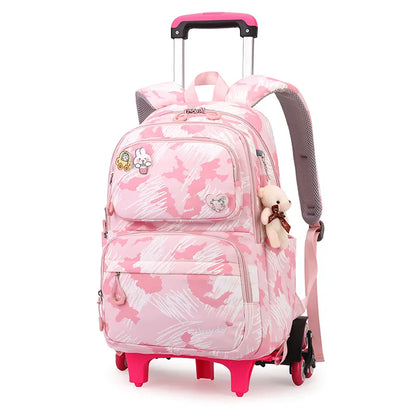 Graffiti Trolley Schoolbag With Bear Pendant Kids School Backpacks With 2/6 Wheels Children Orthopaedics School Bags For Girls