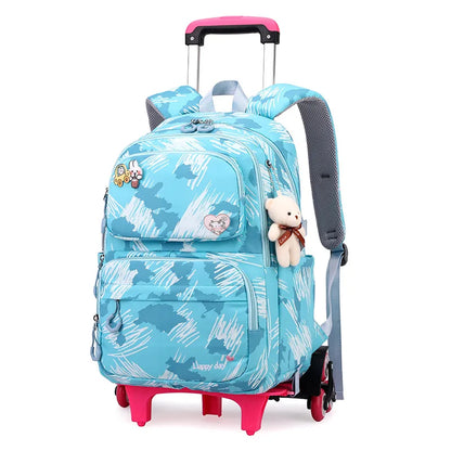 Graffiti Trolley Schoolbag With Bear Pendant Kids School Backpacks With 2/6 Wheels Children Orthopaedics School Bags For Girls