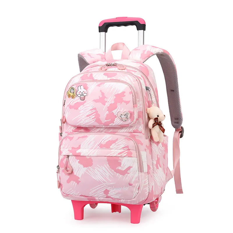 Graffiti Trolley Schoolbag With Bear Pendant Kids School Backpacks With 2/6 Wheels Children Orthopaedics School Bags For Girls