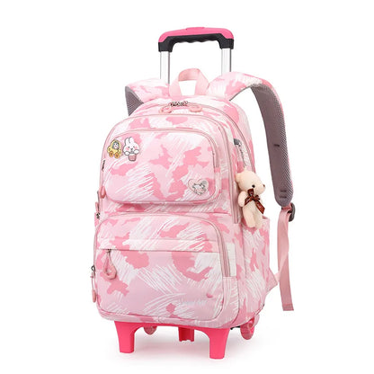 Graffiti Trolley Schoolbag With Bear Pendant Kids School Backpacks With 2/6 Wheels Children Orthopaedics School Bags For Girls