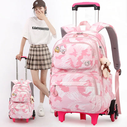Graffiti Trolley Schoolbag With Bear Pendant Kids School Backpacks With 2/6 Wheels Children Orthopaedics School Bags For Girls