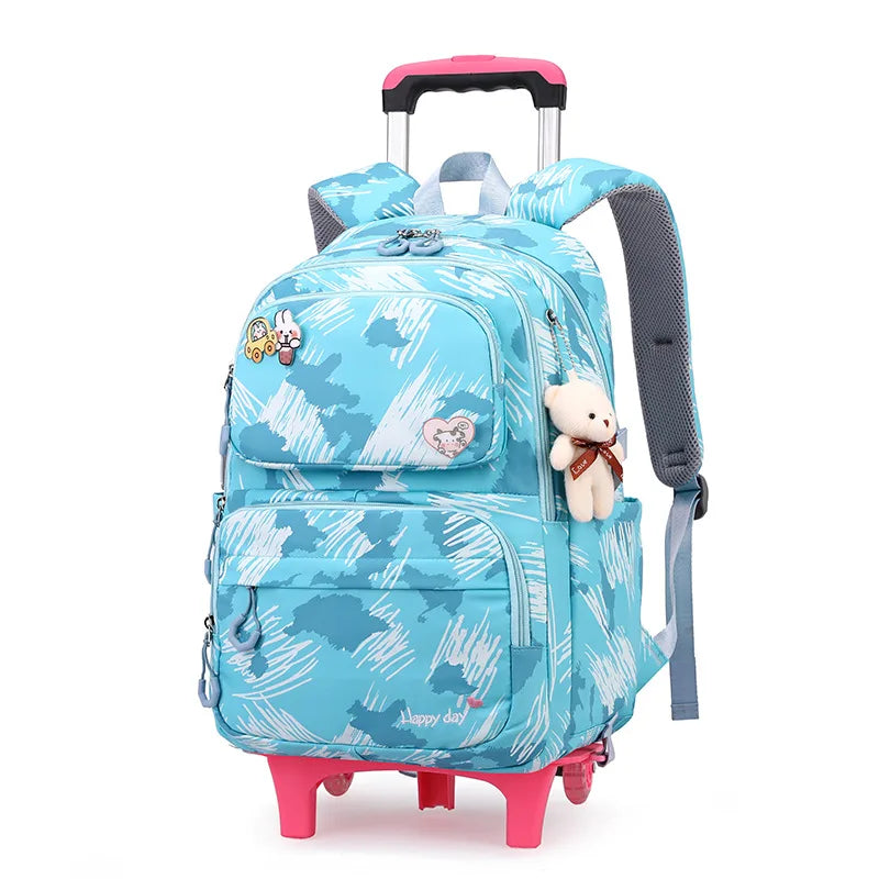 Graffiti Trolley Schoolbag With Bear Pendant Kids School Backpacks With 2/6 Wheels Children Orthopaedics School Bags For Girls