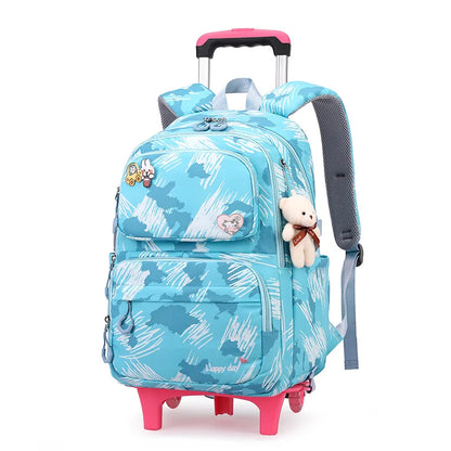 Graffiti Trolley Schoolbag With Bear Pendant Kids School Backpacks With 2/6 Wheels Children Orthopaedics School Bags For Girls