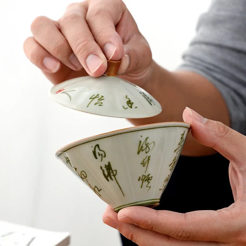 Grass Gray Hand-painted Bamboo Hat and Bowl Liangcai Simple Household Tea Maker Ceramic Kung Fu Set Lid Infuser Accessories Bar
