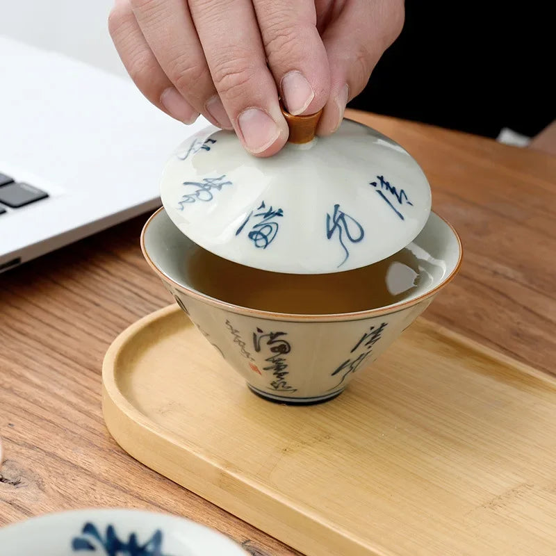 Grass Gray Hand-painted Bamboo Hat and Bowl Liangcai Simple Household Tea Maker Ceramic Kung Fu Set Lid Infuser Accessories Bar