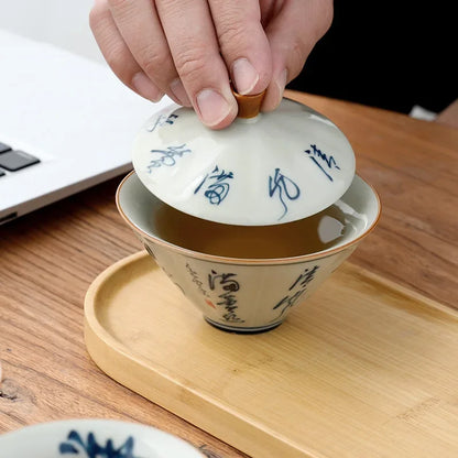 Grass Gray Hand-painted Bamboo Hat and Bowl Liangcai Simple Household Tea Maker Ceramic Kung Fu Set Lid Infuser Accessories Bar