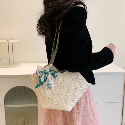 Grass Woven Shoulder Bag with Handle Zipper Multifunction Storage Bag for Cosmetic Lipstick Eyebrow Pen Organizer