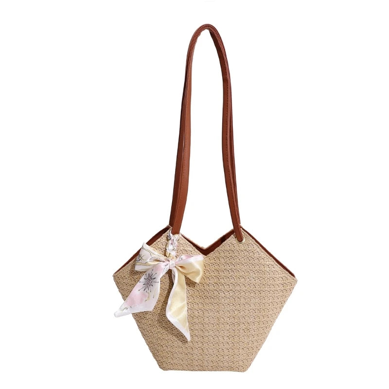 Grass Woven Shoulder Bag with Handle Zipper Multifunction Storage Bag for Cosmetic Lipstick Eyebrow Pen Organizer
