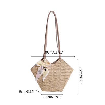 Grass Woven Shoulder Bag with Handle Zipper Multifunction Storage Bag for Cosmetic Lipstick Eyebrow Pen Organizer
