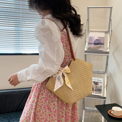 Grass Woven Shoulder Bag with Handle Zipper Multifunction Storage Bag for Cosmetic Lipstick Eyebrow Pen Organizer