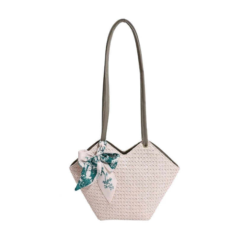 Grass Woven Shoulder Bag with Handle Zipper Multifunction Storage Bag for Cosmetic Lipstick Eyebrow Pen Organizer
