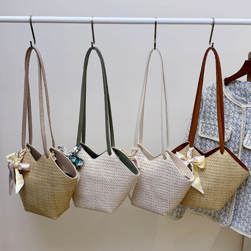 Grass Woven Shoulder Bag with Handle Zipper Multifunction Storage Bag for Cosmetic Lipstick Eyebrow Pen Organizer