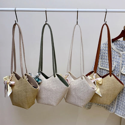 Grass Woven Shoulder Bag with Handle Zipper Multifunction Storage Bag for Cosmetic Lipstick Eyebrow Pen Organizer