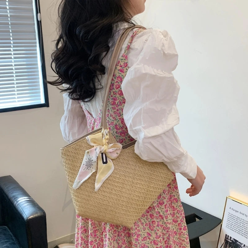 Grass Woven Shoulder Bag with Handle Zipper Multifunction Storage Bag for Cosmetic Lipstick Eyebrow Pen Organizer