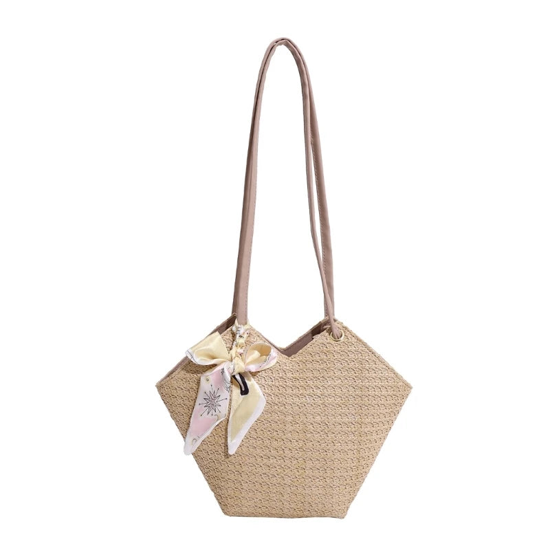 Grass Woven Shoulder Bag with Handle Zipper Multifunction Storage Bag for Cosmetic Lipstick Eyebrow Pen Organizer