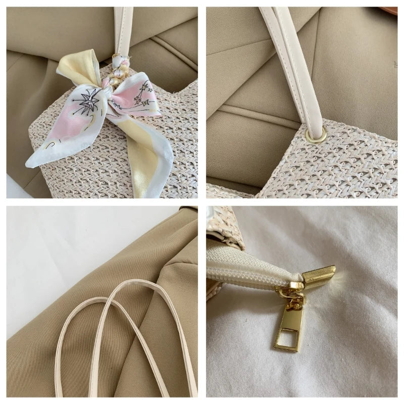 Grass Woven Shoulder Bag with Handle Zipper Multifunction Storage Bag for Cosmetic Lipstick Eyebrow Pen Organizer