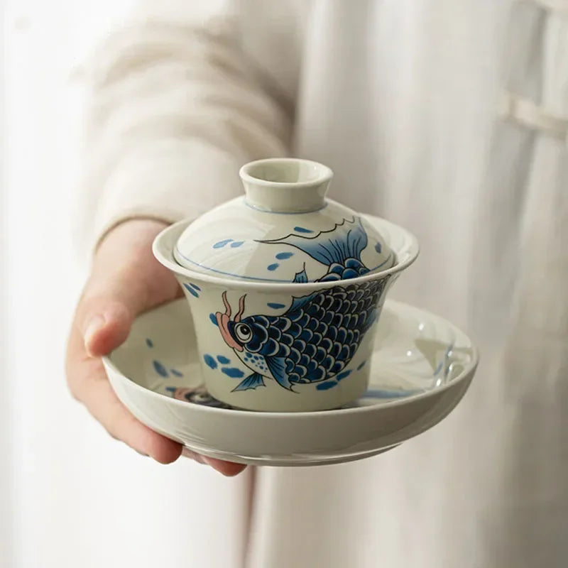 Grass and Wood Gray Arowana Sancai Gaiwan, Tea Cup, Anti-Scald with Lid, Kung Fu Tea Set, Single High-End Household Ceramic Bowl