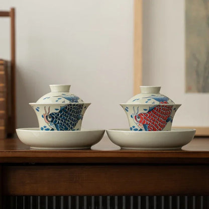Grass and Wood Gray Arowana Sancai Gaiwan, Tea Cup, Anti-Scald with Lid, Kung Fu Tea Set, Single High-End Household Ceramic Bowl
