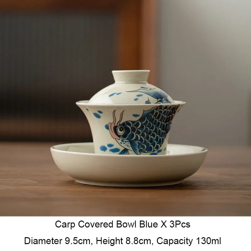 Grass and Wood Gray Arowana Sancai Gaiwan, Tea Cup, Anti-Scald with Lid, Kung Fu Tea Set, Single High-End Household Ceramic Bowl