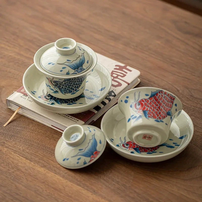 Grass and Wood Gray Arowana Sancai Gaiwan, Tea Cup, Anti-Scald with Lid, Kung Fu Tea Set, Single High-End Household Ceramic Bowl