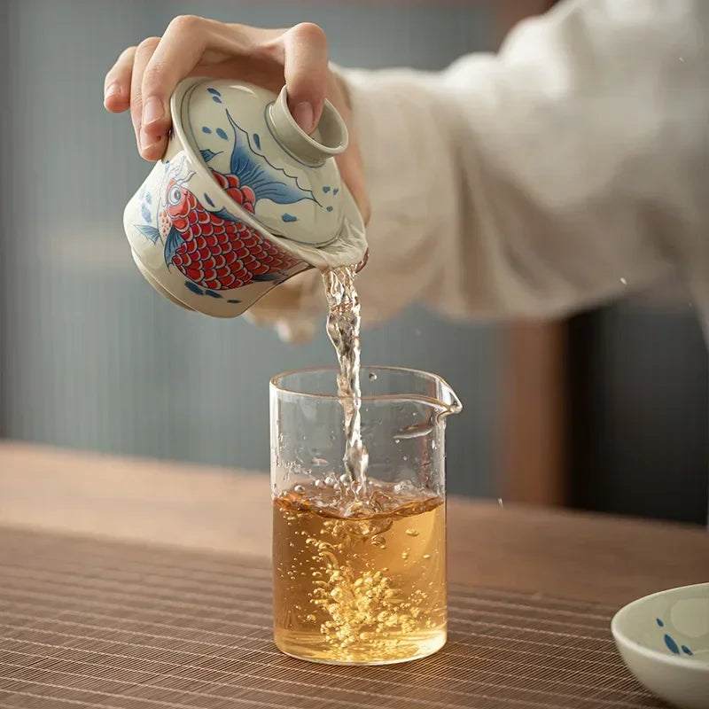 Grass and Wood Gray Arowana Sancai Gaiwan, Tea Cup, Anti-Scald with Lid, Kung Fu Tea Set, Single High-End Household Ceramic Bowl