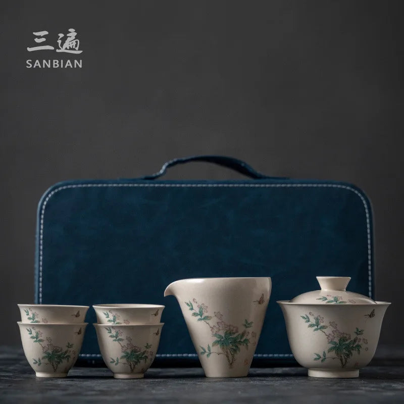 Grass and Wood Gray Glaze Three Cai Tea Cup Tea Bowl Tea Set Set Household Minimalist Kung Fu Ceramics Tureen Small Set