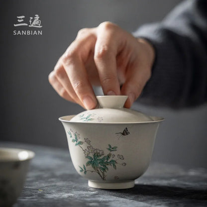 Grass and Wood Gray Glaze Three Cai Tea Cup Tea Bowl Tea Set Set Household Minimalist Kung Fu Ceramics Tureen Small Set